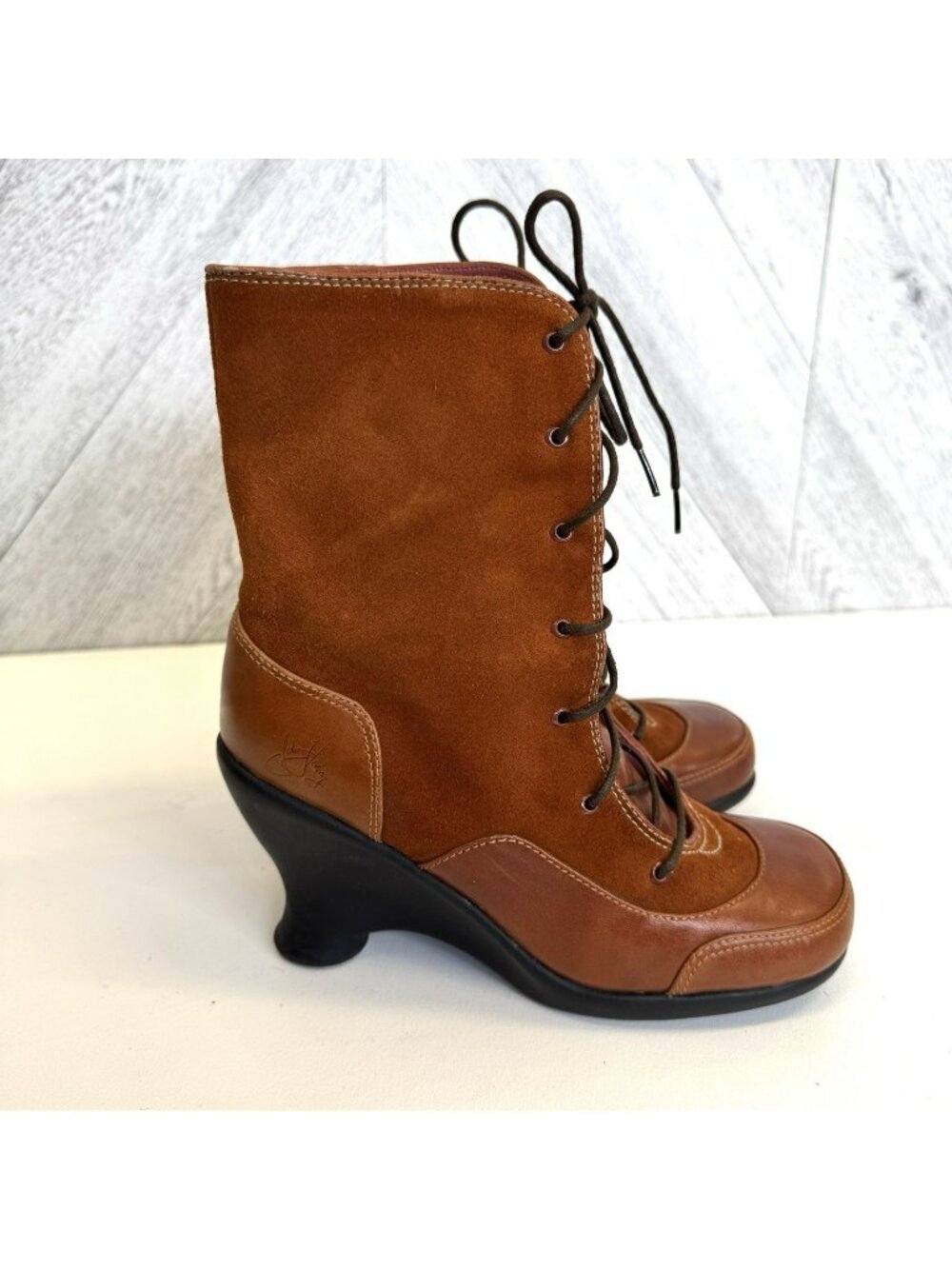 Vintage John Fluevog Friends Lace Up Mid Calf Wedge Boots Brown Womens 7